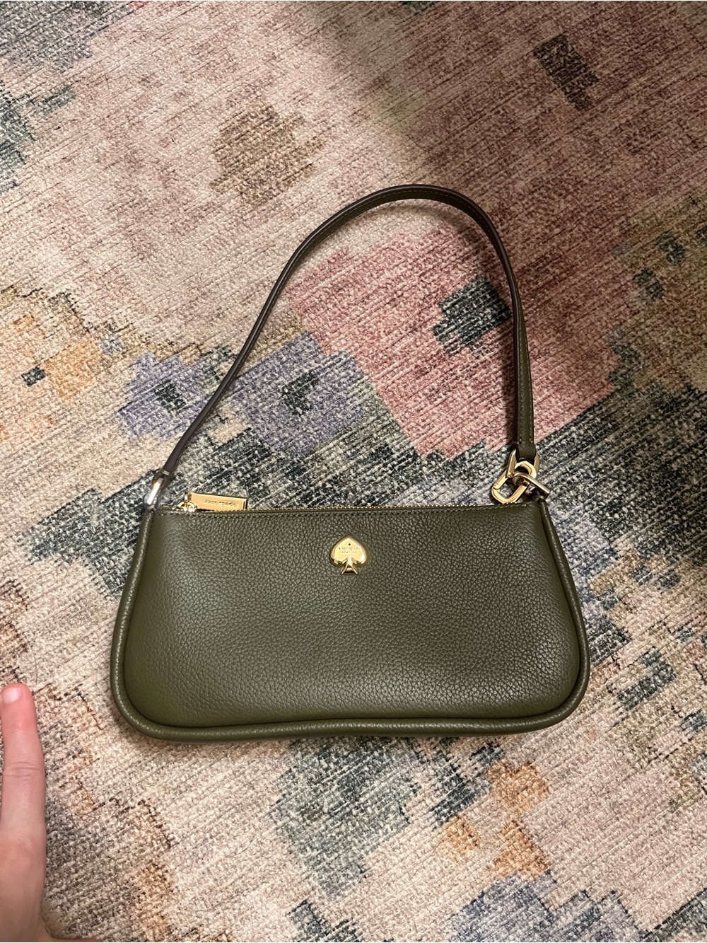 kate spade Olive Green Pebbled Leather Shoulder Bag with Gold Logo